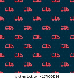 Red line Tanker truck icon isolated seamless pattern on black background. Petroleum tanker, petrol truck, cistern, oil trailer.  Vector Illustration