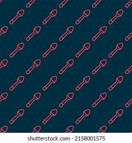 Icono de la línea roja de Teaspoon aislado patrón sin fisuras sobre fondo negro. Utensil de cocina. Cartel de cuchillería.  Vector