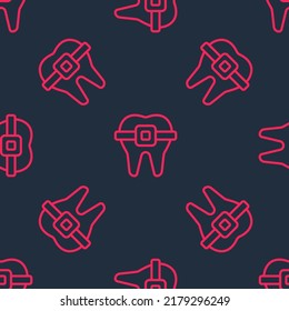 Red line Teeth with braces icon isolated seamless pattern on black background. Alignment of bite of teeth, dental row with with braces. Dental concept.  Vector