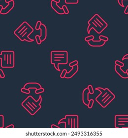 Red line Telephone 24 hours support icon isolated seamless pattern on black background. All-day customer support call-center. Full time call services.  Vector