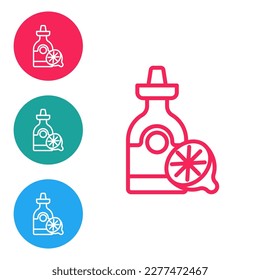 Red line Tequila bottle with lemon icon isolated on white background. Mexican alcohol drink. Set icons in circle buttons. Vector