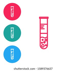 Red line Test tube and flask chemical laboratory test icon isolated on white background. Laboratory glassware sign. Set icons in circle buttons. Vector Illustration