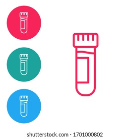 Tubo de prueba de la línea roja o matraz con un icono sanguíneo aislado sobre fondo blanco. Signo de laboratorio, químico, científico de vidrio. Establezca iconos en los botones de círculo. Ilustración vectorial