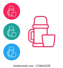 Red line Thermos container and cup icon isolated on white background. Thermo flask icon. Camping and hiking equipment. Set icons in circle buttons. Vector Illustration