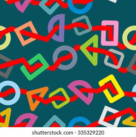 Red line through geometric shapes. Abstract seamless pattern. Fabric ornament.
