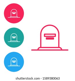 Red line Tombstone with RIP written on it icon isolated on white background. Grave icon. Set icons in circle buttons. Vector Illustration