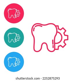 Red line Tooth treatment procedure icon isolated on white background. Tooth repair with gear. Set icons in circle buttons. Vector