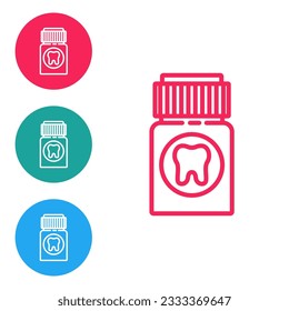 Red line Toothache painkiller tablet icon isolated on white background. Tooth care medicine. Capsule pill and drug. Pharmacy design. Set icons in circle buttons. Vector