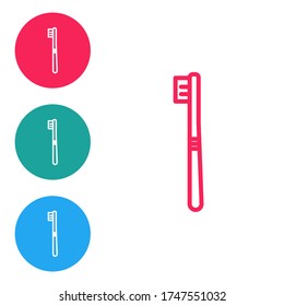 Icono del cepillo de dientes de línea roja aislado en fondo blanco. Establezca los iconos en los botones de círculo. Ilustración vectorial