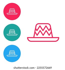 Red line Traditional mexican sombrero hat icon isolated on white background. Set icons in circle buttons. Vector