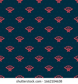 Red line Traditional paper chinese or japanese folding fan icon isolated seamless pattern on black background.  Vector Illustration