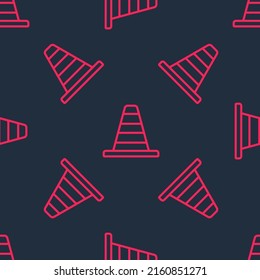 Icono de cono de tráfico de línea roja aislado patrón transparente en fondo negro.  Vector