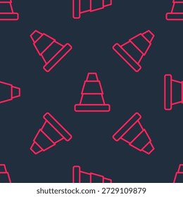 Icono de cono de tráfico de línea roja aislado sin patrón sobre fondo negro.  Vector