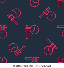 Red line Train station clock icon isolated seamless pattern on black background.  Vector