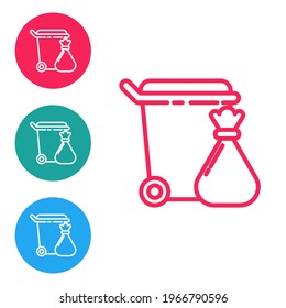 Red line Trash can and garbage bag icon isolated on white background. Garbage bin sign. Recycle basket icon. Office trash icon. Set icons in circle buttons. Vector Illustration