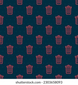 Red line Trash can icon isolated seamless pattern on black background. Garbage bin sign. Recycle basket icon. Office trash icon.  Vector