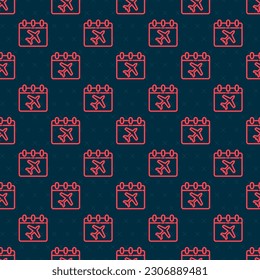 Red line Travel planning calendar and airplane icon isolated seamless pattern on black background. A planned holiday trip.  Vector Illustration