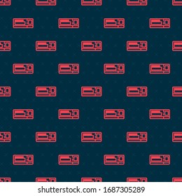 Red line Travel ticket icon isolated seamless pattern on black background. Train, ship, plane, tram, bus transport. Travel service concept.  Vector Illustration