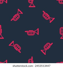 Red line Trumpet icon isolated seamless pattern on black background. Musical instrument.  Vector