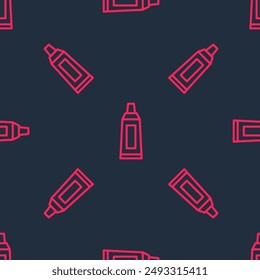 Red line Tube with paint palette icon isolated seamless pattern on black background.  Vector