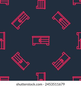 Icono de soporte de mesa de TV de línea roja aislado patrón sin fisuras sobre fondo negro.  Vector