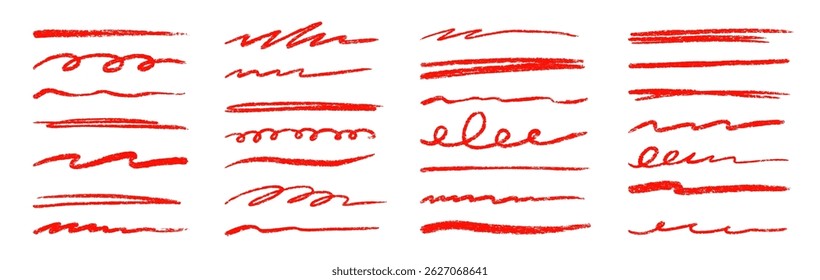 Red line underline crayon pencil brush stroke set. Handwritten highlight doodle sketch scribble underline set. Crayon stroke hand drawn red color text highlight shape. Vector illustration.