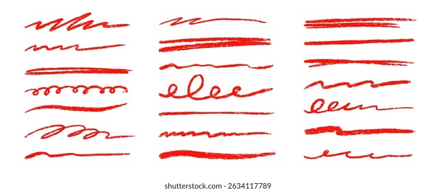 Red line underline crayon pencil brush stroke set. Handwritten highlight doodle sketch scribble underline set. Crayon stroke hand drawn red color text highlight shape. Vector illustration.
