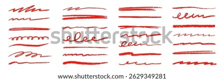 Red line underline crayon pencil brush stroke set. Handwritten highlight doodle sketch scribble underline set. Crayon stroke hand drawn red color text highlight shape. Vector illustration.