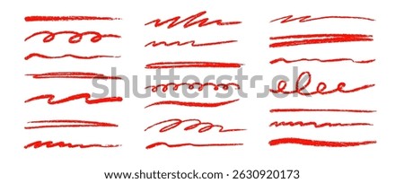 Red line underline crayon pencil brush stroke set. Handwritten highlight doodle sketch scribble underline set. Crayon stroke hand drawn red color text highlight shape. Vector illustration.