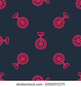 Red line Unicycle or one wheel bicycle icon isolated seamless pattern on black background. Monowheel bicycle.  Vector