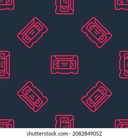Red line VHS video cassette tape icon isolated seamless pattern on black background.  Vector