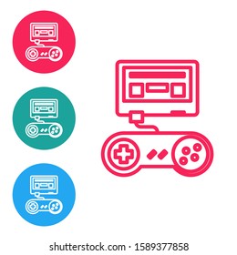 Red line Video game console with joystick icon isolated on white background. Set icons in circle buttons. Vector Illustration