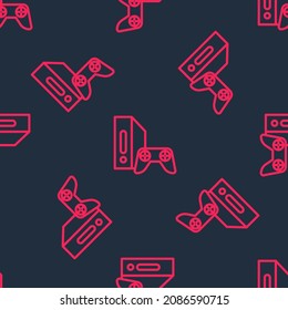 Red line Video game console with joystick icon isolated seamless pattern on black background.  Vector