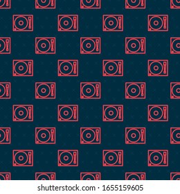 Red line Vinyl player with a vinyl disk icon isolated seamless pattern on black background.  Vector Illustration