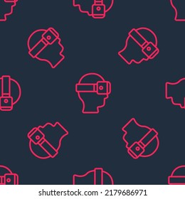 Red line Virtual reality glasses icon isolated seamless pattern on black background. Stereoscopic 3d vr mask. Optical head mounted display.  Vector