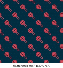 Red line Virus under magnifying glass icon isolated seamless pattern on black background. Corona virus 2019-nCoV. Bacteria and germs, microbe, fungi.  Vector Illustration