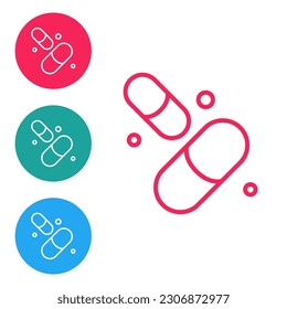 Red line Vitamin complex of pill capsule icon isolated on white background. Healthy lifestyle. Set icons in circle buttons. Vector