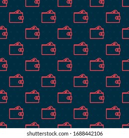 Red line Wallet with stacks paper money cash icon isolated seamless pattern on black background. Purse icon. Cash savings symbol.  Vector Illustration