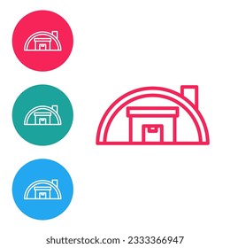 Icono de almacén de línea roja aislado en fondo blanco. Establezca los iconos en los botones de círculo. Vector
