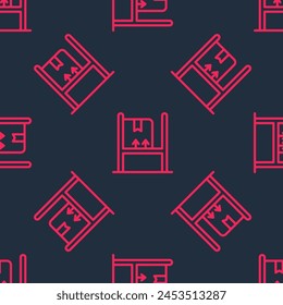 Red line Warehouse interior with boxes on racks icon isolated seamless pattern on black background. Logistics, cargo, parcel storage postal service.  Vector