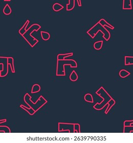 Red line Water tap icon isolated seamless pattern on black background.  Vector