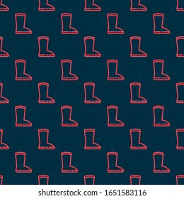 Red line Waterproof rubber boot icon isolated seamless pattern on black background. Gumboots for rainy weather, fishing, gardening.  Vector Illustration