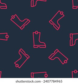 Red line Waterproof rubber boot icon isolated seamless pattern on black background. Gumboots for rainy weather, fishing, gardening.  Vector