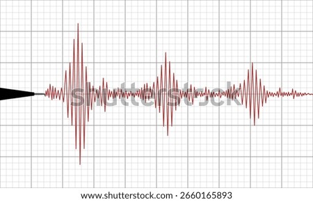 Red line wave graph shows the level of the earthquake on the lined graph paper. Vector Flat Illustration.