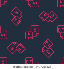 Red line Waybill icon isolated seamless pattern on black background.  Vector