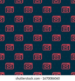 Red line Website and envelope, new message, mail icon isolated seamless pattern on black background. Usage for e-mail newsletters, headers, blog posts.  Vector Illustration