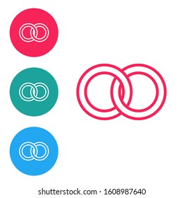 Red line Wedding rings icon isolated on white background. Bride and groom jewelery sign. Marriage icon. Diamond ring icon. Set icons in circle buttons. Vector Illustration