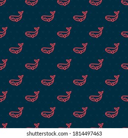 Red line Whale icon isolated seamless pattern on black background.  Vector