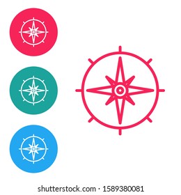 Red line Wind rose icon isolated on white background. Compass icon for travel. Navigation design. Set icons in circle buttons. Vector Illustration