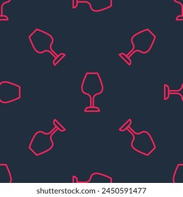 Red line Wine glass icon isolated seamless pattern on black background. Wineglass sign.  Vector
